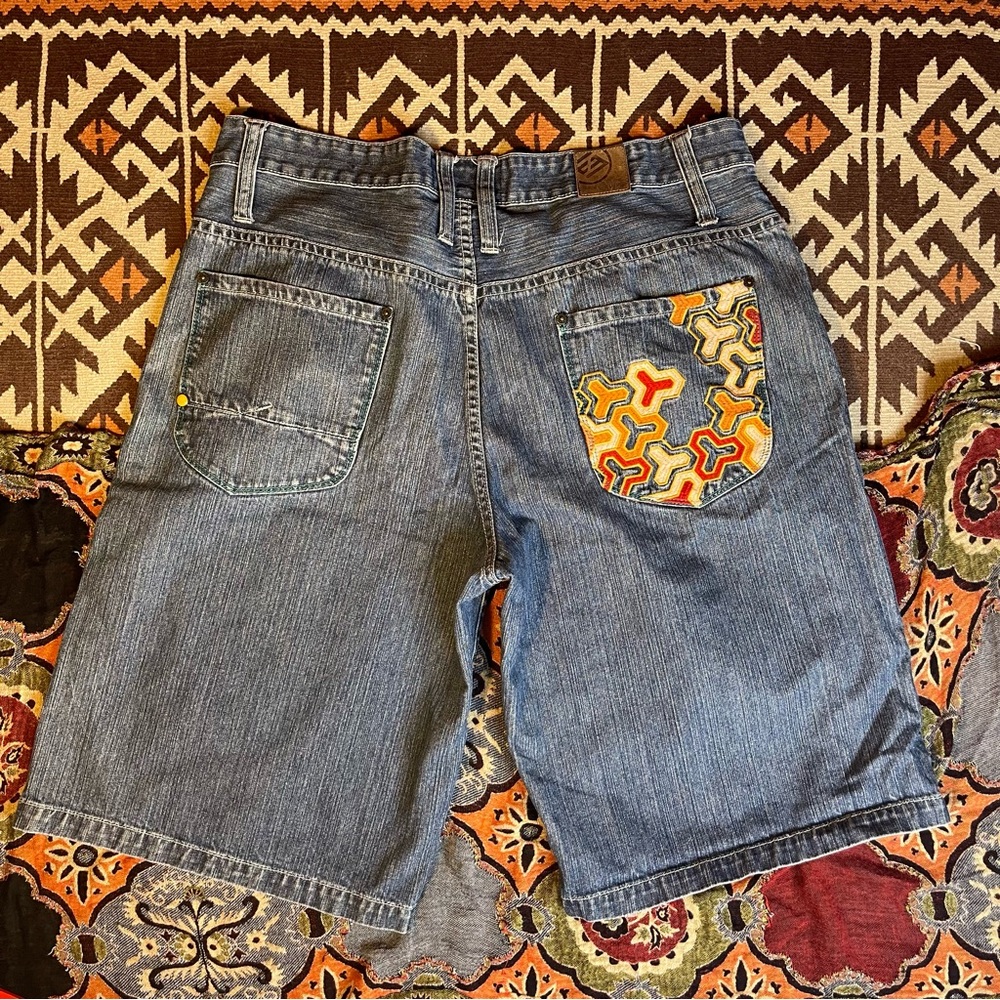 90's Y2K enyce Baggy Oversized Long Embroidered Big Pocket Denim Shorts Men's 42